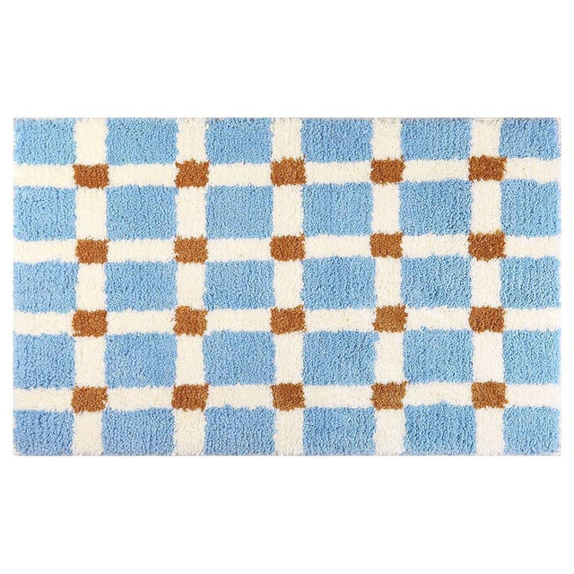 uxcell Checkered Non Slip Bath Mats, Soft Fluffy Absorbent Bathroom Rugs for Shower, Sink 20" x 32" Blue-2