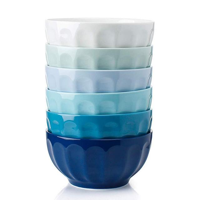 Sweese 106.003 Porcelain Fluted Bowl Set - 26 Ounce for Cereal, Soup - Set of 6, Cool Assorted Colors
