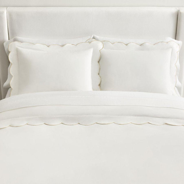 Scalloped Embroidered Duvet Cover, White/Flax, King/Cal. King