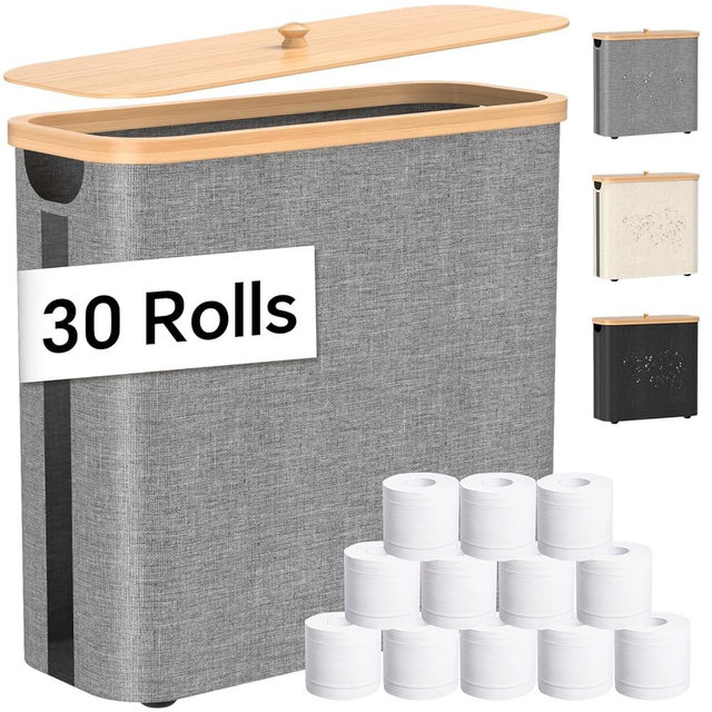 Toilet Paper Storage with Bamboo Lid, 33.8L Foldable Toilet Paper Basket Organizer Holder for up to Regular 30 Rolls Or 12 Mega Rolls, Waterproof Free Standing Toilet Paper Holder for Bathroom, Grey