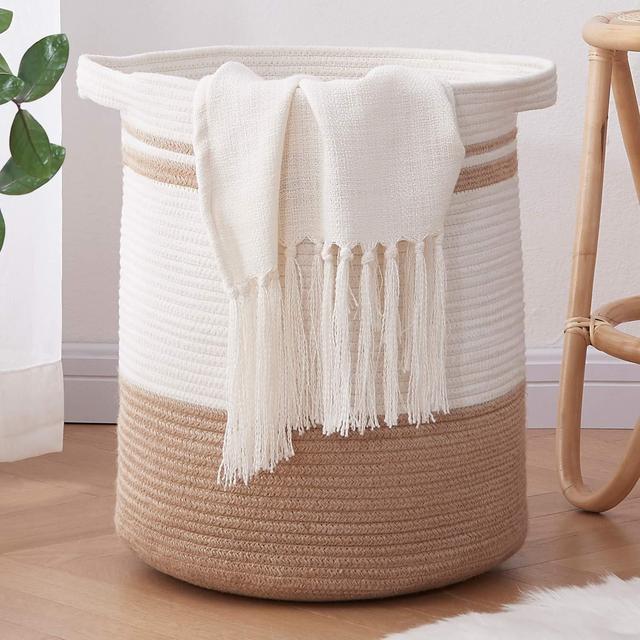 OIAHOMY Laundry Basket- Rope Basket Large Storage Basket with Handles,Modern Decorative Woven Basket for Living Room,Storage Baskets for Toys, Throws, Pillows,and Towels -18"×16"-WhiteYellow