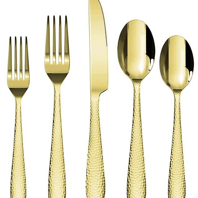 Gold Hammered Silverware Set 30-Piece, Stainless Steel Modern Flatware Set, Eating Utensils Includes Forks/Spoons/Dinner Knives for 6, Mirror Polished - Dishwasher Safe