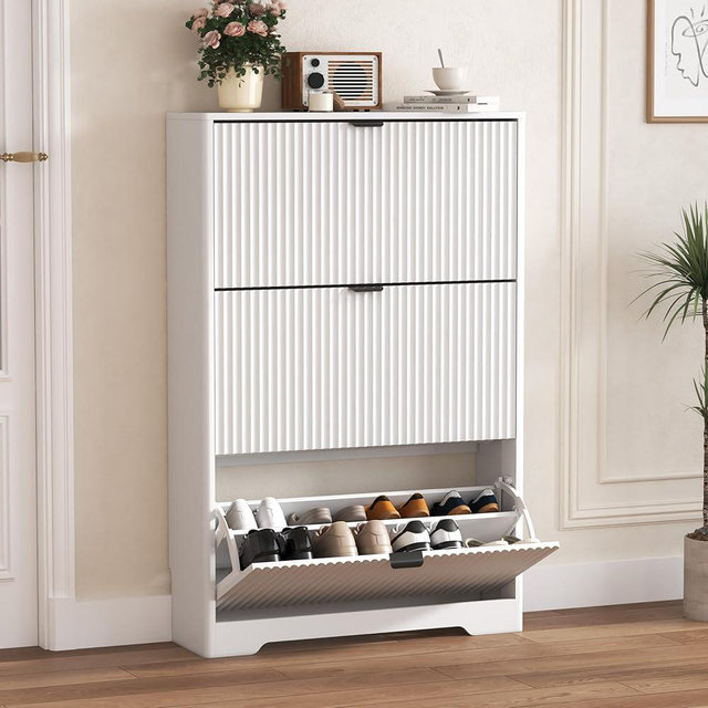 HUANLEGO Shoe Cabinet Storage for Entryway with 3 Flip Drawers, White Fluted Shoe Cabinet with Adjustable Shelves, Wooden Hidden Shoe Rack Freestanding Narrow Slim Shoes Storage for Hallway, Entrance