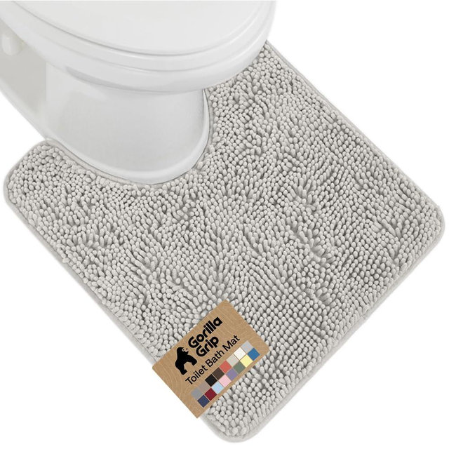 GORILLA GRIP Plush Absorbent Shaggy Chenille Bath Rug Mat for Oval Toilet Base with Rubber Backing, Machine Washable Rugs, Soft Microfiber Contour Mats for Toilets, Bathroom Decor, Lt Gray