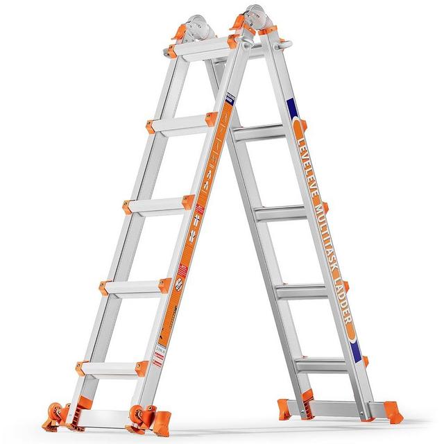 LEVELEVE A Frame 5 Step Ladder, 17FT Extension Ladder with Stabilizer Bar & Wheels,330 lbs Security Load Multi Position Ladder for Stairs Home Indoor Outdoor Roof