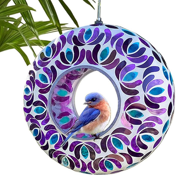 Lily's Home 8 Inches Glass Mosaic Hanging Bird Feeder for Outdoors Fly-Through Large Bird Feeder for Outdoor Garden Decor Backyard, Excellent Gift for Animals Lovers, Purple and Blue