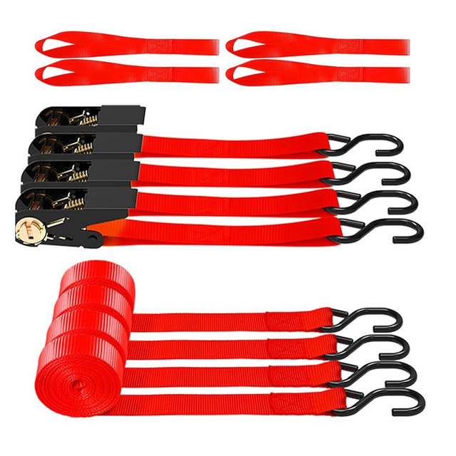 AWELCRAFT Ratchet Straps, 1500 lbs Breaking Strength - Premium 4X 15ft Tie Down Strap Set, 4X Soft Loops for Moving Appliances, Lawn Equipment, Motorcycle (Red)