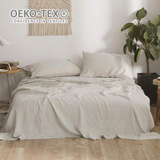 Simple&Opulence Pure Linen Sheet Set King-4 Piece Belgian Flax Linen Bed Sheet (1 Flat Sheet, 1 Fitted Sheet,2 Pillowcases) -Breathable Farmhouse Bedding Set-Natural Linen