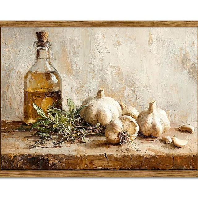 Framed Vintage Kitchen Canvas Wall Art, Rustic Garlic and Herbs Pictures Wall Decor, Neutral Still Life Paintings Prints Aesthetic Home Decor for Farmhouse Dining Room Living Room 12x16 inch