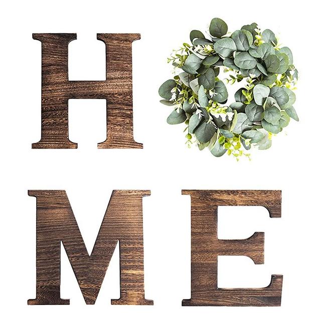 Wall-mounted wooden home sign decoration, O-shaped artificial eucalyptus garland decoration, decorative wooden letters H, M, E, used in the living room 9.8" H x 10.4" W decorative wall sign of the living room house