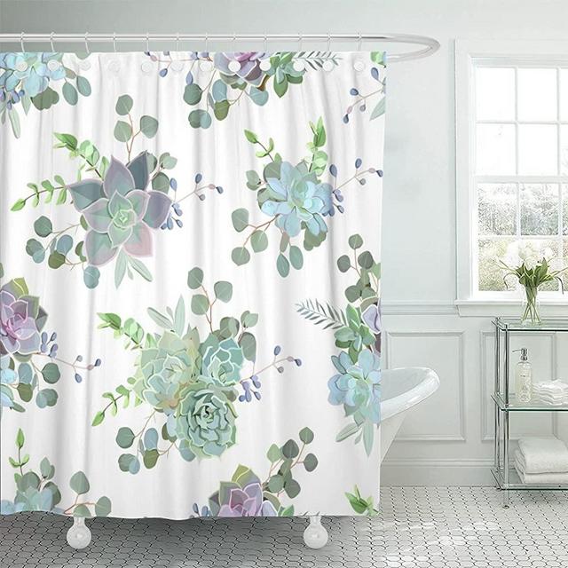 TOMPOP Shower Curtain Flower Green Colorful Succulent Echeveria Natural Cactus in Modern Waterproof Polyester Fabric 72 x 72 Inches Set with Hooks