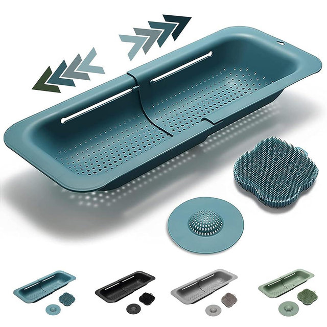 KV Kitchen Tools - BPA Free Colander Set, Expandable Sink Colander Basket, Over the Sink strainer, Silicone sponge, Extendable Collapsible colander, Kitchen essentials,14.5"-19.5"L x 7.9"W x 2.75"H