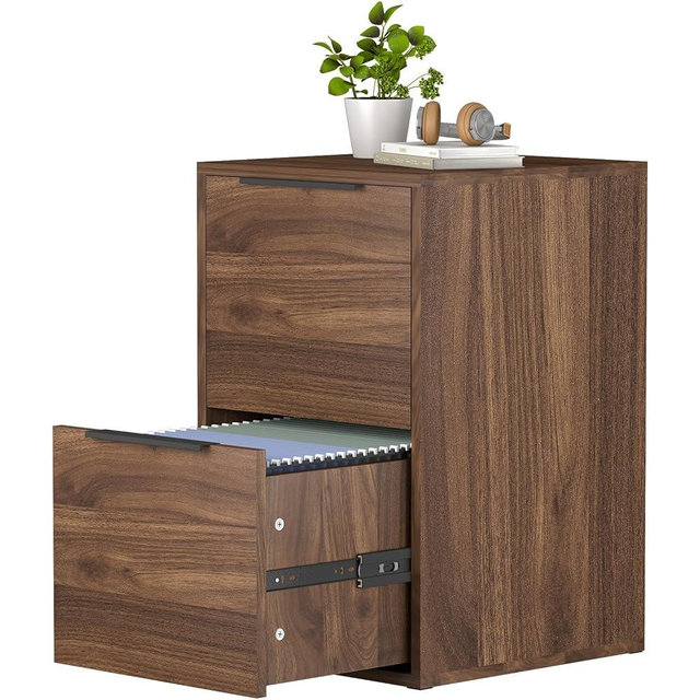 FATIGOS File Cabinet 2 Drawers File Cabinet with Hanging Bar for Letter Size/Hanging Files, Small Wood File Storage Cabinets Printer Stand for Home Office, Dark Walnut
