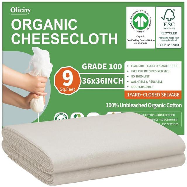 Organic Cheese Cloths, GOTS Certified, Grade 100, 36x36Inch, Reusable Cheese Cloth with Closed Edges Fabric Fine Mesh Cloth, Unbleached Cotton Muslin Cheesecloth for Straining,Cooking,Crafts - 9 Sq.Ft