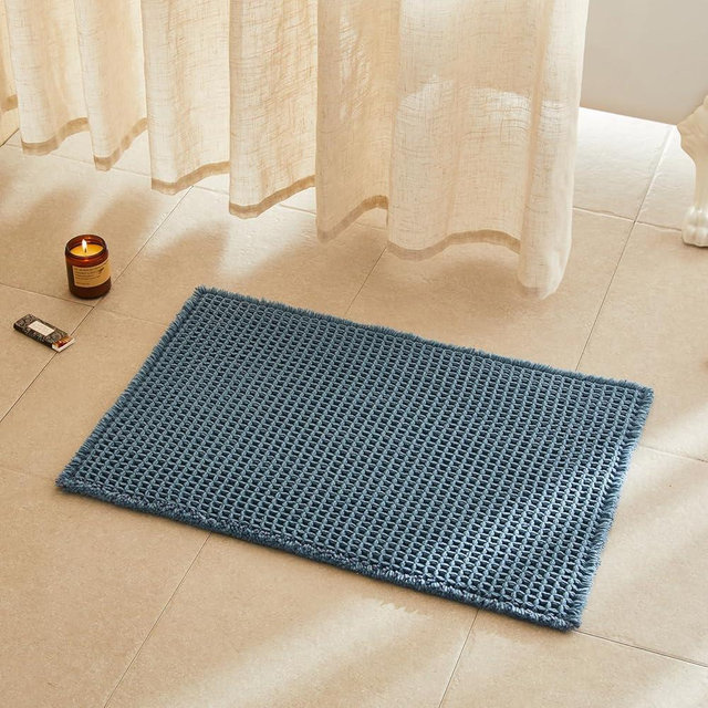 TYUU Waffle Bath Mat, Boho Bathroom Rugs Non Slip Washable Super Absorbent Quick Dry Bath Mat Farmhouse Bathroom Decor, 30"x20" Denim Blue