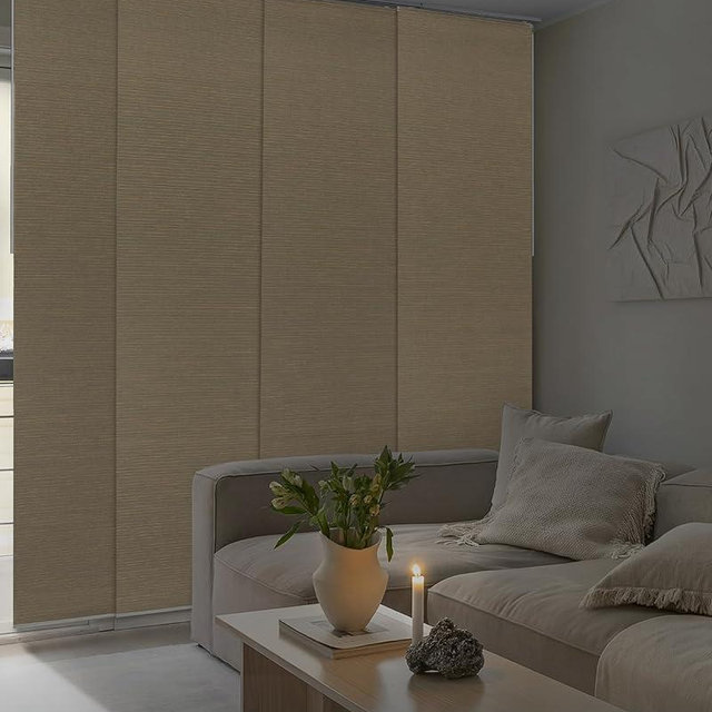 GoDear Design 99.99% Blackout Adjustable Cordless Sliding Panel Track Blinds 45.8"- 86" W x 96" H, Extendable Blinds for Sliding Glass Patio Doors, Trimmable Natural Woven Panel Curtains, Pinecone