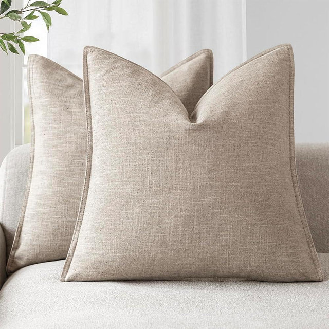 Foindtower Set of 2, Decorative Linen Soild Throw Pillow Covers Soft Accent Cushion Euro Case Boho Farmhouse Pillowcase for Chair Couch Sofa Bedroom Living Room Home Decor 26 x 26 Inch Natural Linen
