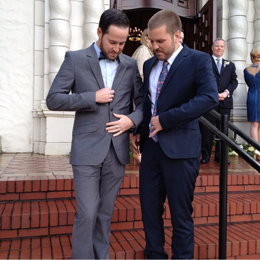 Sucking in for a buttoned-up photo at Dan and Sharon's wedding in SF. April 2014.