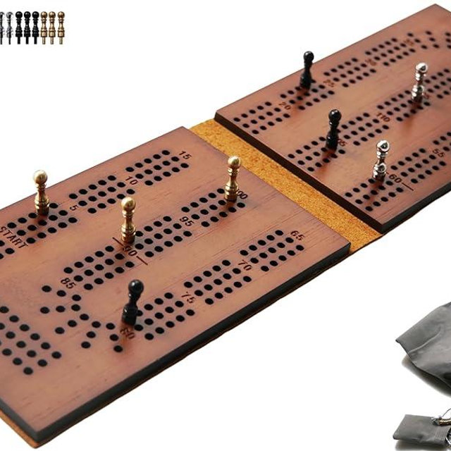 Jeereal Travel Cribbage Board Game Leather & Solid Bambo-Wood Pocket Sized Tiny Card Game Board (Bamboo|3 Tracks)