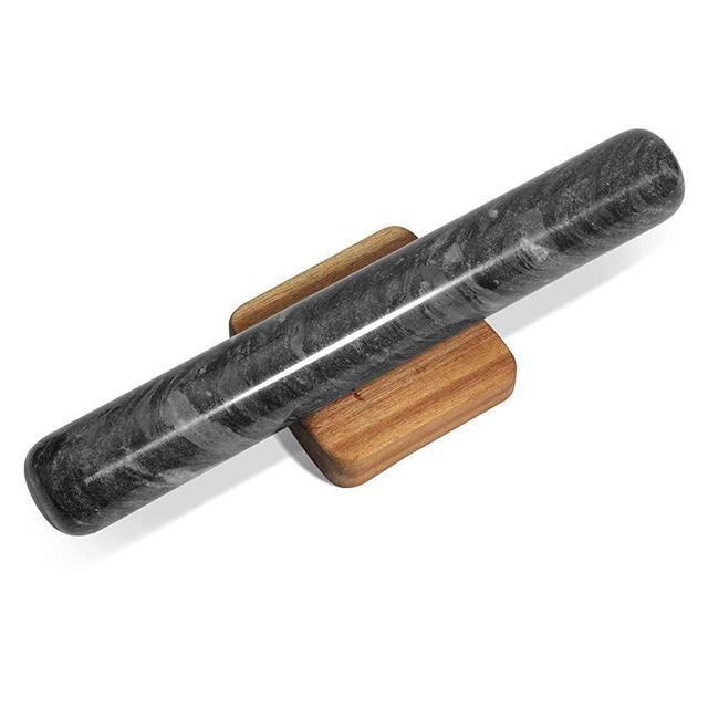ComSaf Marble Rolling Pin with Wood Cradle 11 3/4 Inch Black, Non-Stick Dough Roller Professional Essential Kitchen Utensil French Heavy Duty for Baking, Pizza, Fondant, Pie Crust, Cookie, Pastry