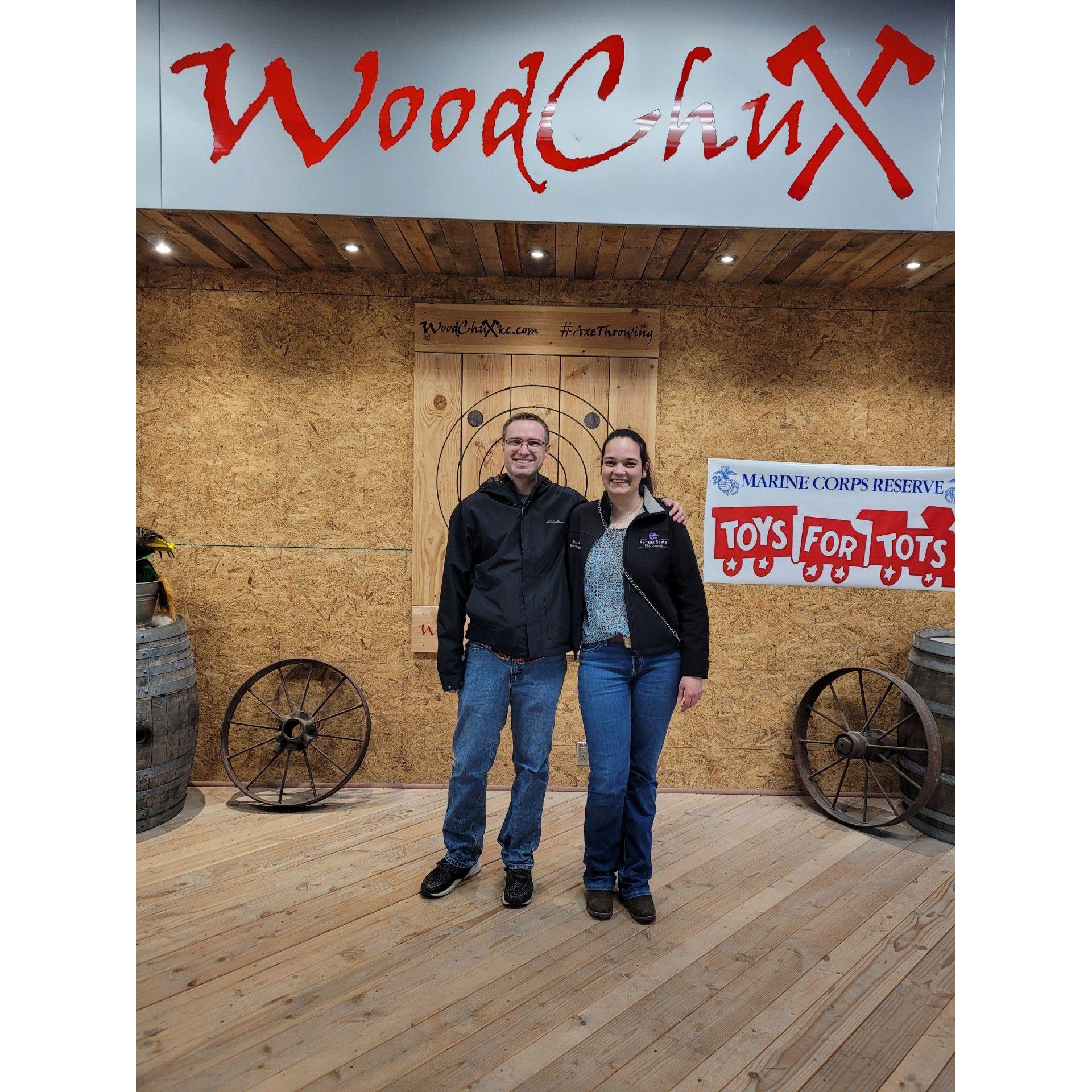 The first photo we took together! One of our early dates was axe throwing in Liberty.