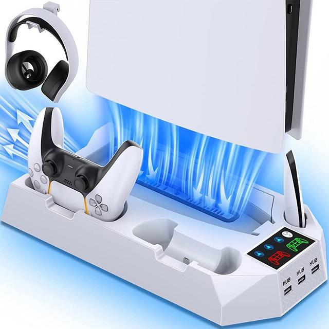 PS5 Stand and Cooling Station with Dual Controller Charging Station for Playstation 5 Console, PS5 Accessories Incl. Controller Charger, Cooling fan, Headset holder, 3 USB Hub, Media Slot, Screw White