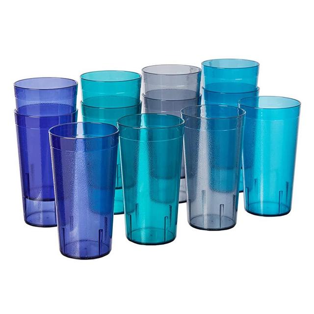 US Acrylic Café 20 ounce Plastic Restaurant Style Stackable Water Tumblers in Coastal Colors, Value Set of 12 Drinking Cups, Reusable, BPA-free, Made in the USA, Top-rack Dishwasher Safe