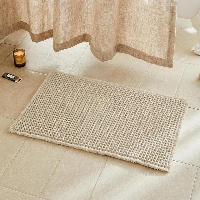 TYUU Beige Bathroom Rug, Waffle Bath Mat Non Slip Washable Super Absorbent Quick Dry Boho Farmhouse Bathroom Decor, 30"x20" Beige