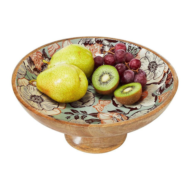 VHC Brands Natural with Bird Print Wooden Fruit Bowl 5.5x12x12, Kitchen Decor, Decorative Wooden Pedestal Bowl, Perfect Centerpiece for Table, Island, or Counter