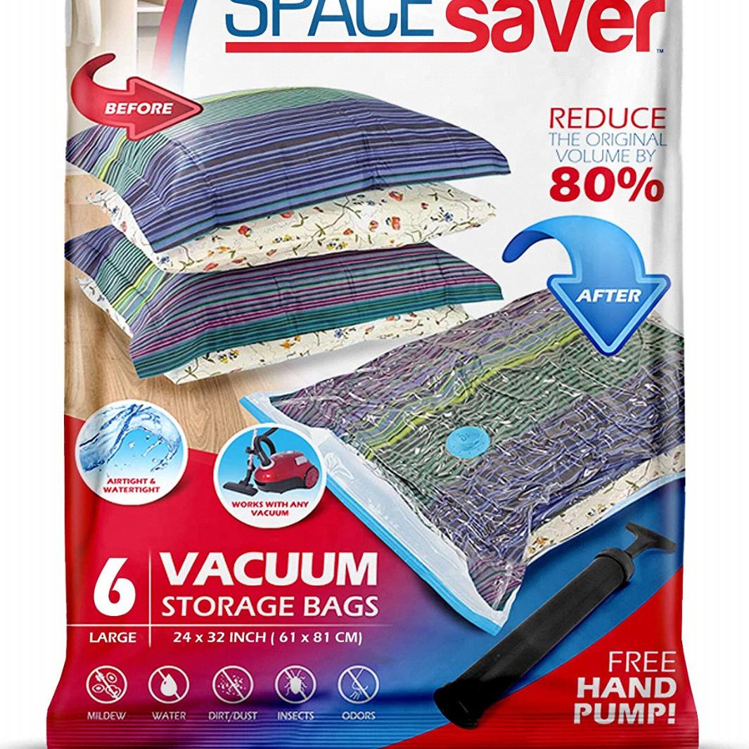 Large Spacesaver Premium Reusable Vacuum Storage Bags, Save 80% More Storage Space. Double Zip Seal & Leak Valve, Travel Hand Pump Included (Large 6 Pack)