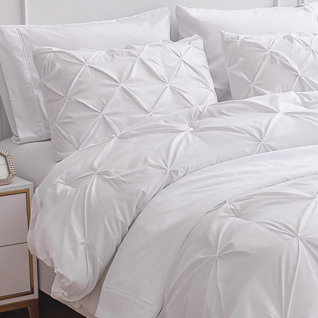LANE LINEN White Comforter Set with Sheets, 7 Piece Bed in a Bag Queen Size, Pintuck Queen Bed Set, Ultra Soft Bedding Queen Size with Down Alternative Comforter, Sheets, Pillowcases & Shams - White