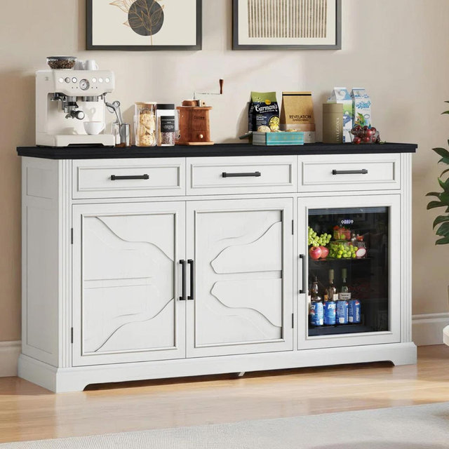 60'' Farmhouse Coffee Bar Sideboard with Built-in Beverage Fridge, Drawer Storage, and Adjustable Shelves for Dining or Living Room - White