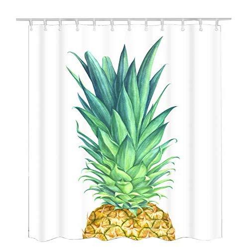 BECAN Pineapple Shower Curtain Watercolor Pineapple Tropical Exotic Fruit Green Yellow Concise Design Polyester Fabric Waterproof Bathroom Shower Curtain 72X72Inches with 12pcs Hooks