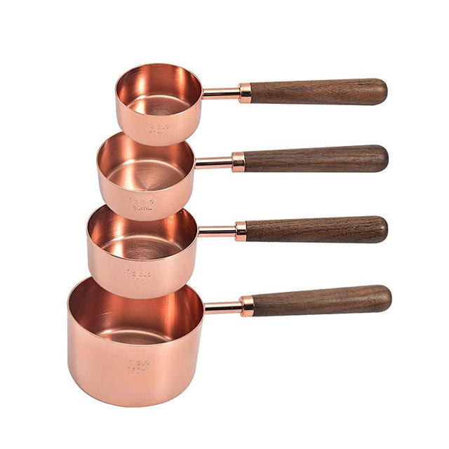 4 Pcs Stainless Steel Measuring Cups - Rose Golden Baking Cooking Kitchen Copper Measuring Tools with Walnut Wood handle Measure Dry and Liquid Ingredients Metering Cup