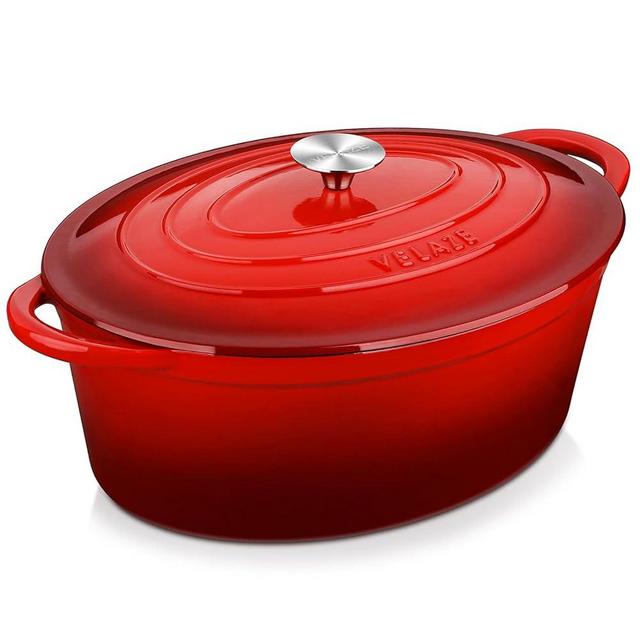 Velaze 7.5 QT Enameled Oval Dutch Oven Pot with Lid, Cast Iron Dutch Oven with Dual Handles for Bread Baking, Cooking, Frying, Non-stick Enamel Coated Cookware (RED)