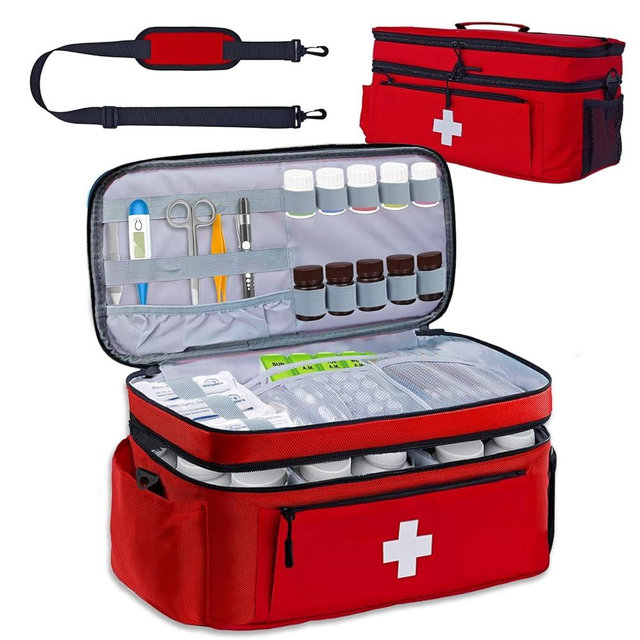 MiimGogo Large First Aid Bag Empty 2-Layer Medical Bag 15¾”x 9½”x7” Pill Bottle Box Portable Emergency Bag for Outdoor & Home, Sturdy First Aid Kit Bag Travel Madicine Bag with Shoulder Strap (Red)