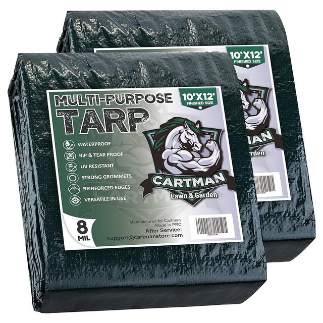 CARTMAN 2 Pack Finished Size 10x12 Feet Waterproof Heavy Duty Poly Tarp 8 Mil Thick, Multipurpose Protective Cover for Emergency Rain Shelter Camping Tarpaulin