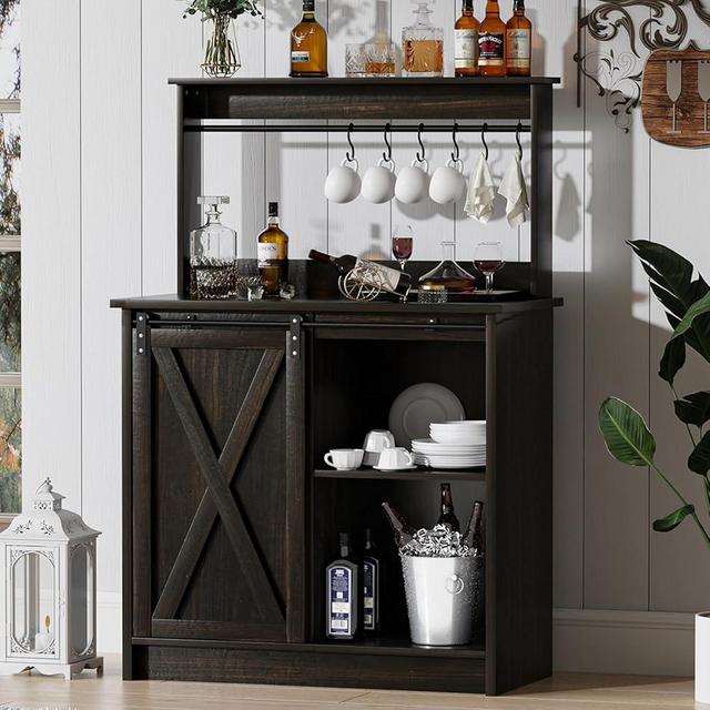 4ever2buy Farmhouse Coffee Bar Hutch with Sliding Barn Door, 50’’ Coffee Bar Cabinet with 6 Hooks, Coffee Bar with Adjustable Shelves for Living Dining Room, Dark Oak