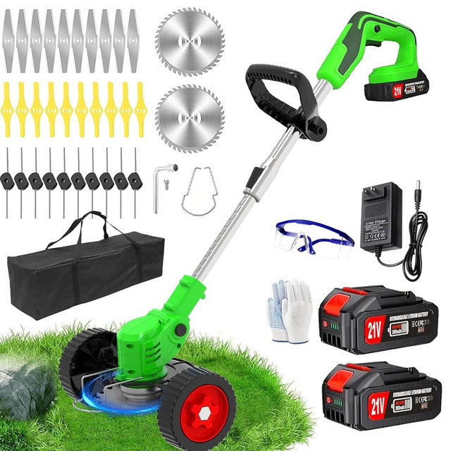 Cordless Weed Wacker Electric Eater Battery Powered Stringless Weed Trimmer 3-in-1 Grass Trimmer/Lawn Edger/Brush Cutter Lightweight Portable Garden Tool with 4 Types Blades & Wheels for Garden Yard