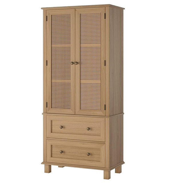FOTOSOK Kitchen Pantry Storage Cabinet, Tall Storage Cabinet with Rattan Doors and 2 Drawers, Freestanding Kitchen Cupboard with Adjustable Shelves, Utility Pantry for Kitchen, Dining Room