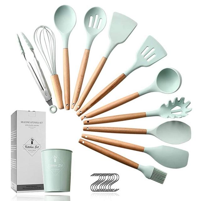 Pahajim 12PCS Silicone Cooking Kitchen Utensils Set with Holder, Silicone Utensil Set for Cooking with Wooden Handle BPA Free Non Toxic Nonstick Cookware (Light Green)