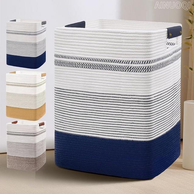 AINUOQI Large Laundry Basket - Tall Woven Rope Laundry Hamper with Leather Handles - Dirty Clothes hamper for Living room, Bedroom, 17.8" X 13.8" X 22", Dark Blue & White