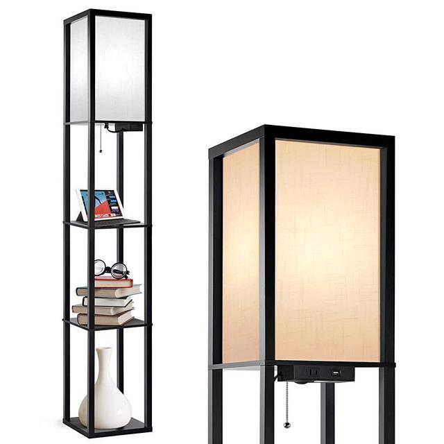 Outon Floor Lamp with Shelves, LED Column Modern Floor Lamp with USB Port & Power Outlet, Display Storage Wood Standing Lamp with White Linen Texture Shade for Living Room, Bedroom, Office (Black)
