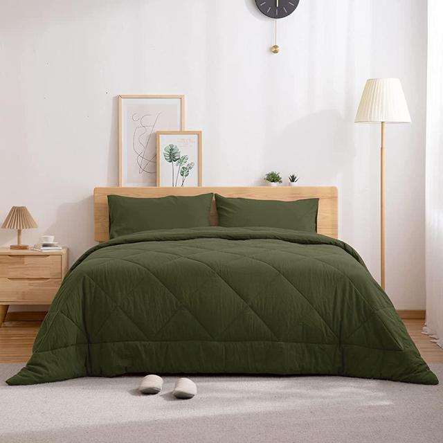 ATsense Olive Green Comforter Set Queen, 3pcs 100% Washed Cotton Linen Like Solid Color Simple Luxurious Queen Comforter Set, Soft Lightweight Durable Comforter Set for All Season with 2 Pillowcases
