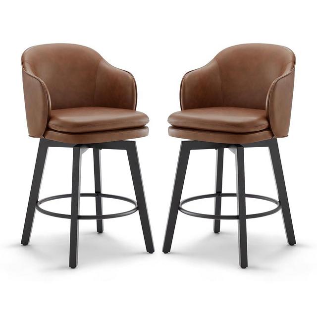 KISLOT Counter Height Barstools 26 inch Upholstered Swivel Bar Stools with Back for Kitchen Island,Set of 2,Brown PU Leather