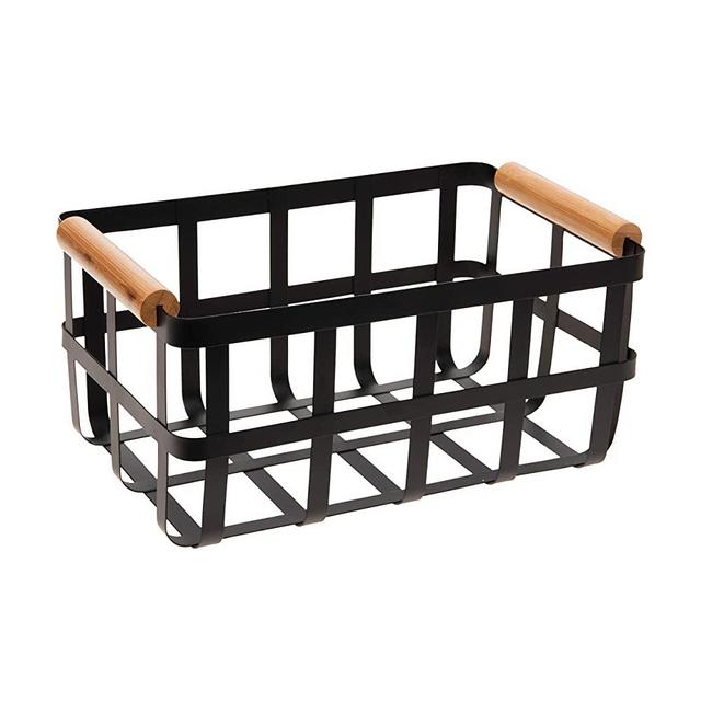 Simplify Black Metal Storage Basket with Bamboo Handles, Farmhouse Style, Home Organizer, Decorative, Rustic, Large
