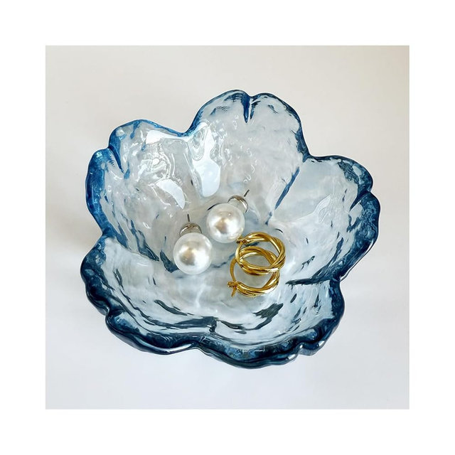 HIUSITY Flower Jewelry Dish, Ring Dish Tray,Decorative Cute Blue Glass Trinket Dish,Gift Ideas for Women,Small Gifts for Girlfriend Wife, Ring Holder, Earrings Dishs,Key Plate,Birthday Gift for Her