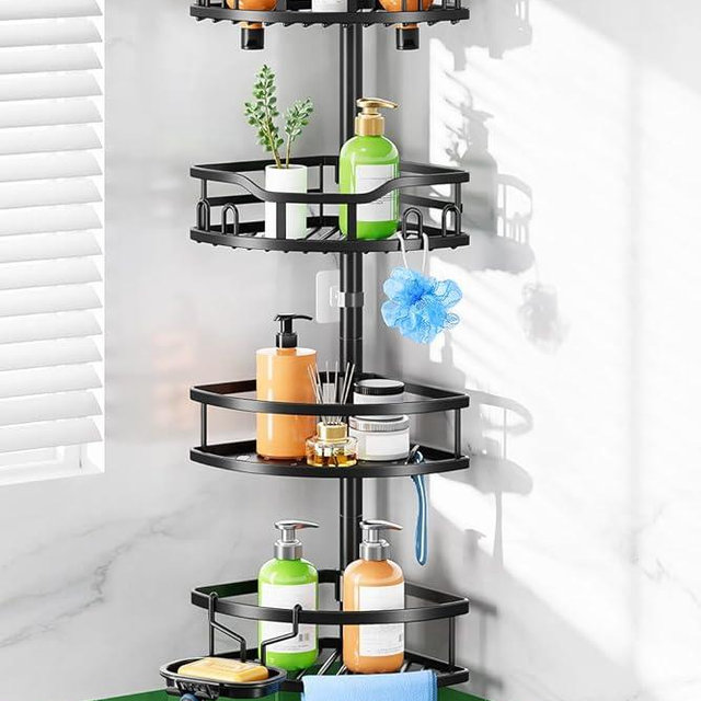 HAMITOR Shower Caddy Tension Pole: Rustproof Quick Install Corner Bathroom Organizer Shelf on Floor for Renters - 4-Tier Large Capacity Storage Rack with Soap Holder for Apartment -47-121 Inch/Black