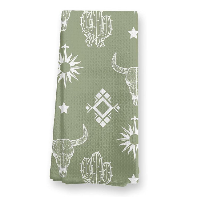 TopXmai Green Western Kitchen Towels,Boho Western Aztec Bull Skull Cactus Dish Towels for Kitchen,Boho Western Decor Hand Towels for Bathroom,16x24 Inch