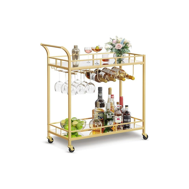 VASAGLE Bar Cart Gold Home Bar Serving Cart Wine Cart, 15”d x 33.9”w x 35.4”h, Gold